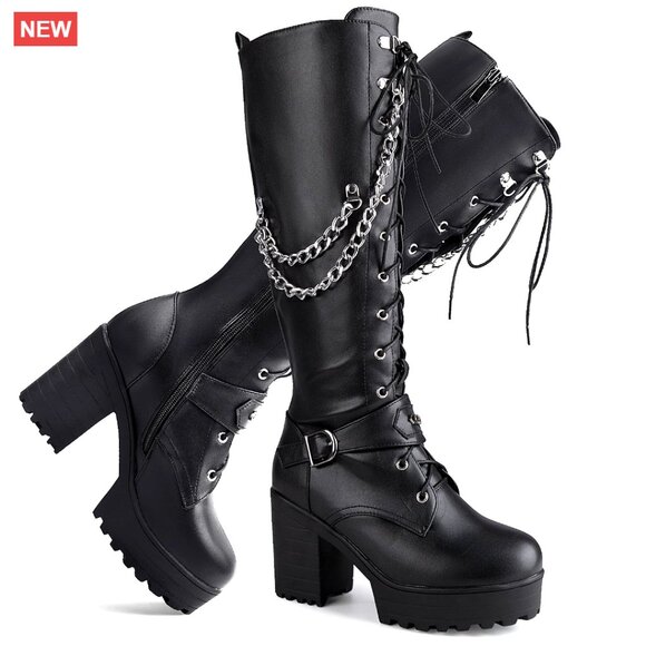 Shoes - Knee High Platform Boots with Block Heels, Lace Up & Side Zipper